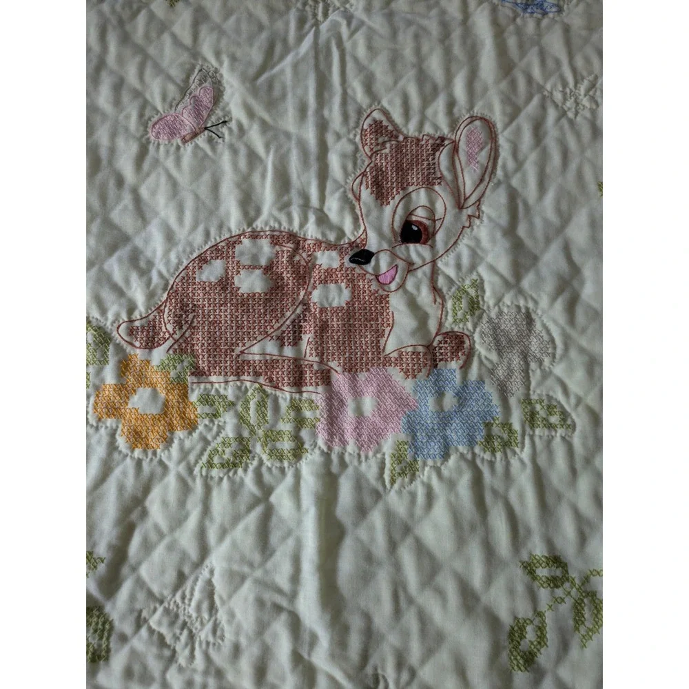 Vintage Disney Bambi Thumper Flower Embroidered Baby Quilt Cream Yellow 30x43